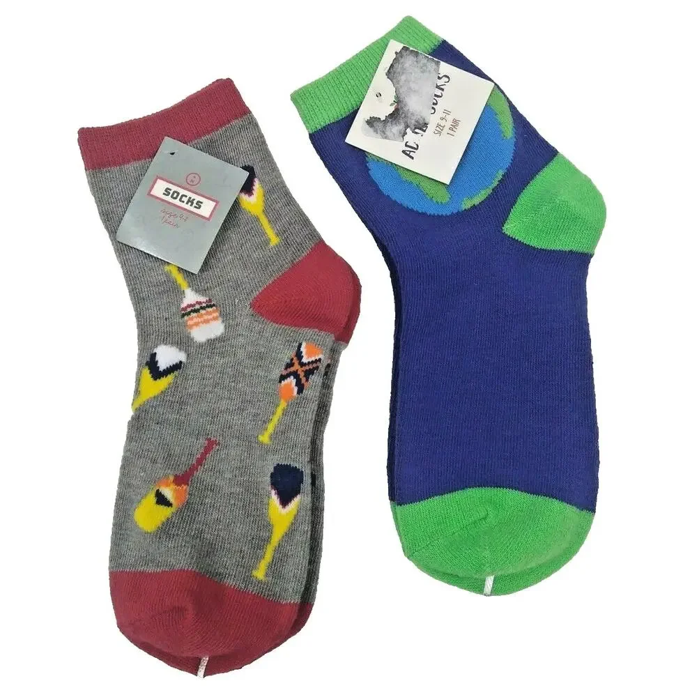 Women's Ankle Socks 2 Pair Ladies Size 9-11 Novelty Paddles & Planet Earth New